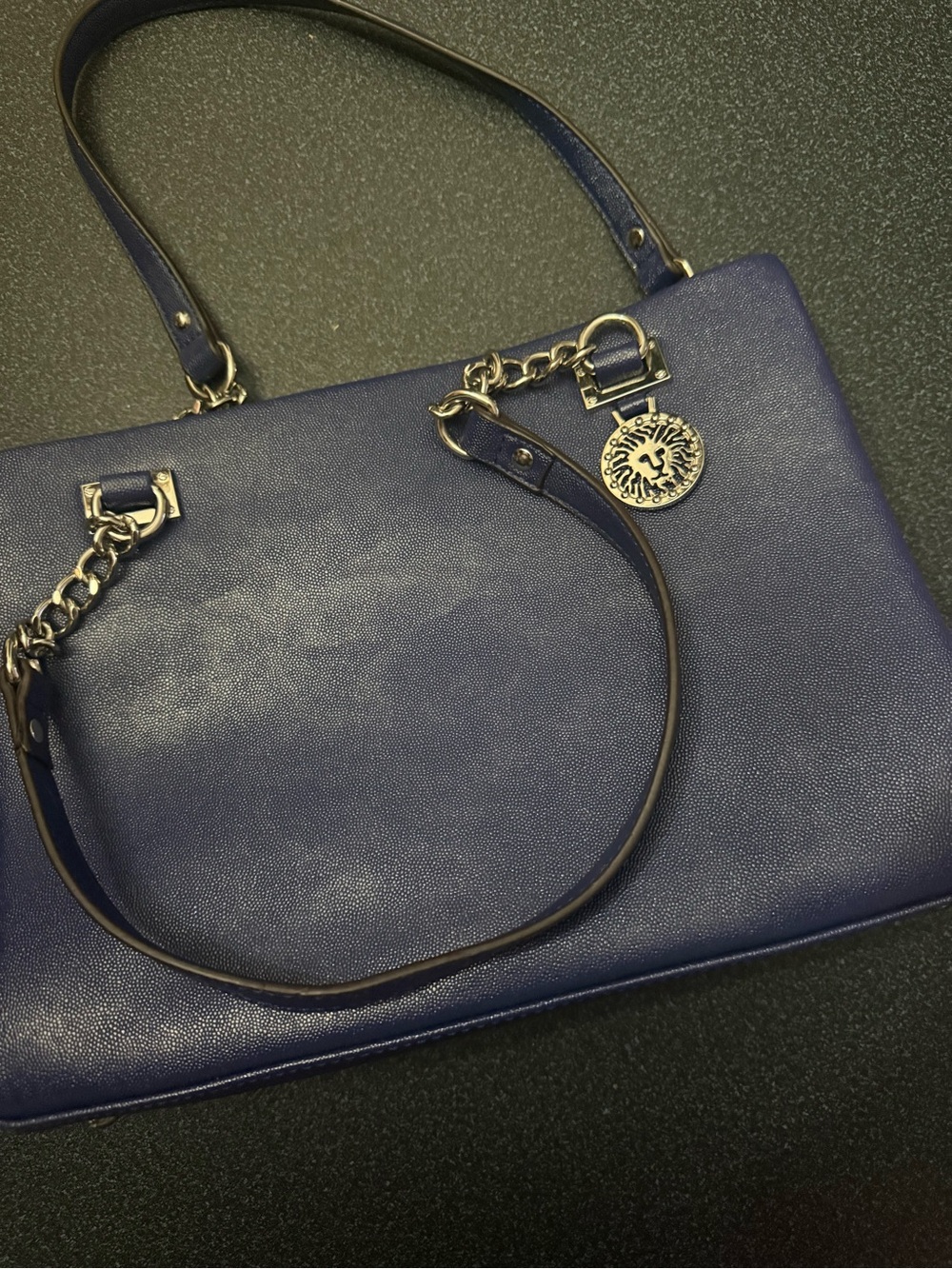 Anne Klein Navy Blue Leather Shoulder Bag with Medallion Charm